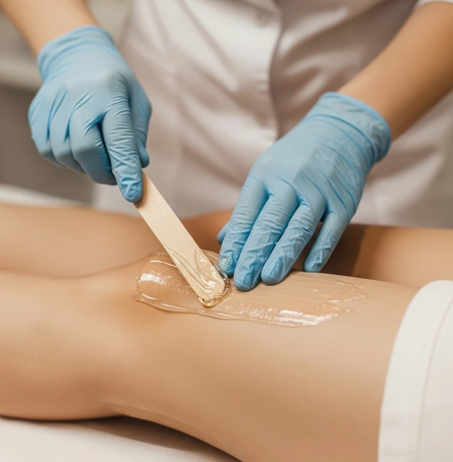 a professional applying wax for leg hair removal